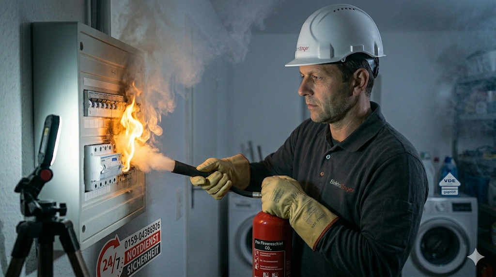 Ein Elektriker von Elektro Singer löscht mit einem CO2-Feuerlöscher einen Brand in einem Elektroverteilerkasten, während Rauch und Flammen aufsteigen.