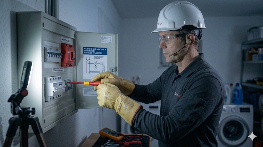 Ein Elektriker mit Schutzbrille, Helm und Isolierhandschuhen arbeitet konzentriert mit einem Schraubendreher an einem geöffneten Sicherungskasten in einer Waschküche.