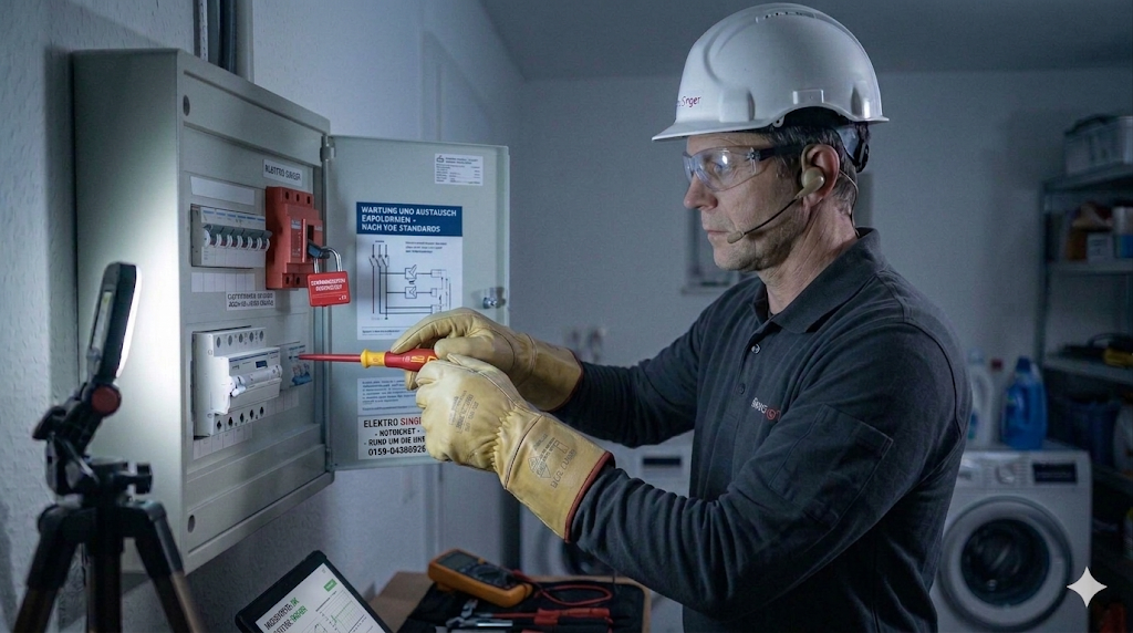 Ein Elektriker mit Schutzbrille, Helm und dicken Isolierhandschuhen arbeitet mit einem isolierten Schraubendreher an einem geöffneten Sicherungskasten in einer Waschküche.