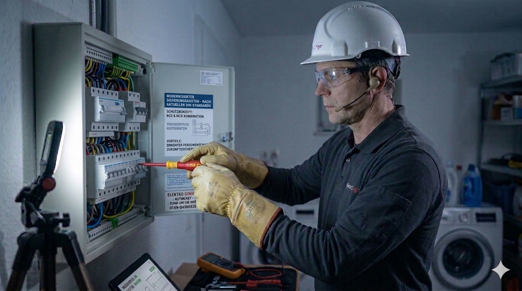 Ein Elektriker mit Schutzbrille, Helm und dicken Isolierhandschuhen arbeitet mit einem isolierten Schraubendreher an einem geöffneten Sicherungskasten in einer Waschküche.
