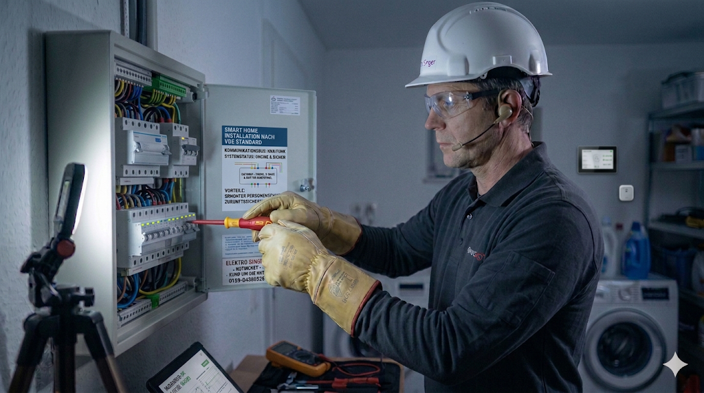 Ein Elektriker mit Schutzbrille und Helm installiert Smart-Home-Komponenten in einem geöffneten Sicherungskasten in einer Waschküche.