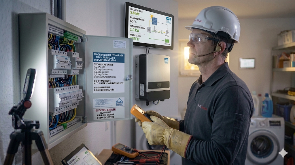 Ein Elektriker überprüft mit einem Messgerät eine modernisierte Photovoltaik-Steuerung neben einem Wechselrichter und einem Solar-Display.