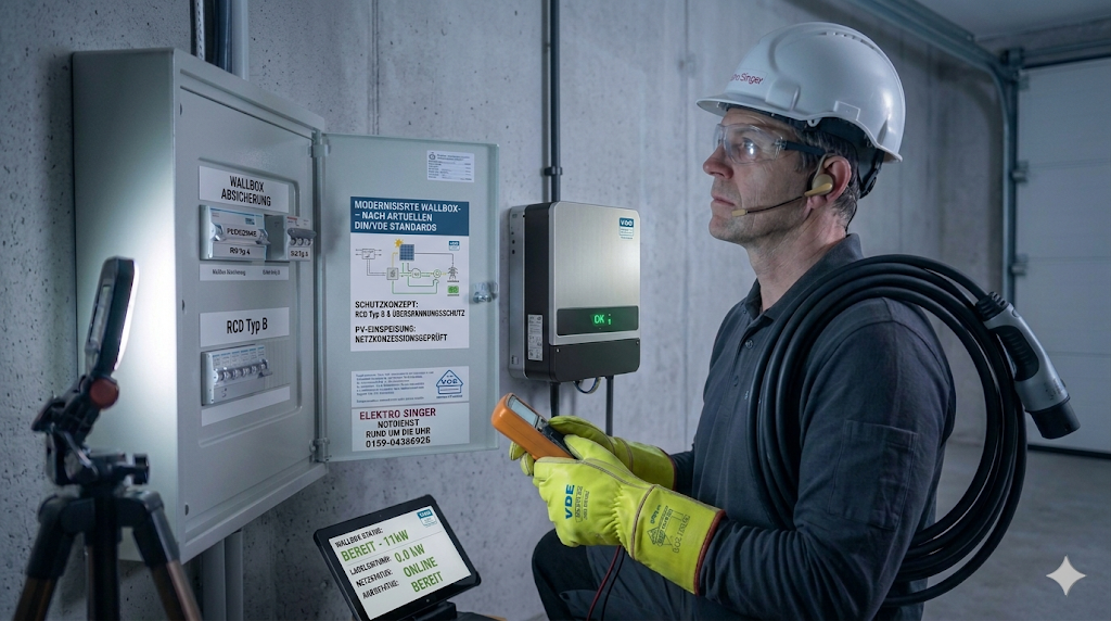 Ein Elektriker mit Helm und Schutzbrille überprüft mit einem Messgerät die Absicherung einer Wallbox in einer Garage, während er ein Ladekabel über der Schulter trägt.