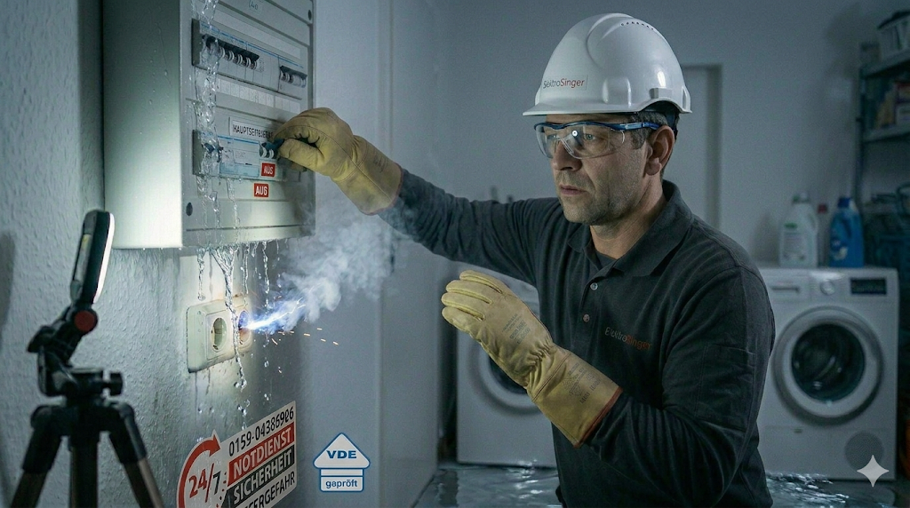 Ein Elektriker von „Elektro Singer“ arbeitet während eines schweren Wasserschaden-Notfalls an einem lichtbogenbildenden Verteilerkasten, trägt Schutzbrille und VDE-geprüfte Handschuhe in einer häuslichen Waschküche mit Stativ-Arbeitsleuchte und sichtbarem „VDE geprüft“-Aufkleber.