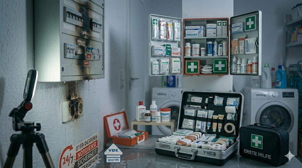 Ein Bild, das einen verbrannten und geschmolzenen Sicherungskasten und eine Steckdose an einer Wand zeigt, wobei ein Dreibein-Arbeitslicht darauf gerichtet ist. Auf dem Boden befinden sich offene Erste-Hilfe-Kits, Verbandsmaterial und medizinische Flaschen. Ein VDE-geprüft-Aufkleber und eine Notdienst-Sicherheitswarnung sind ebenfalls sichtbar.
