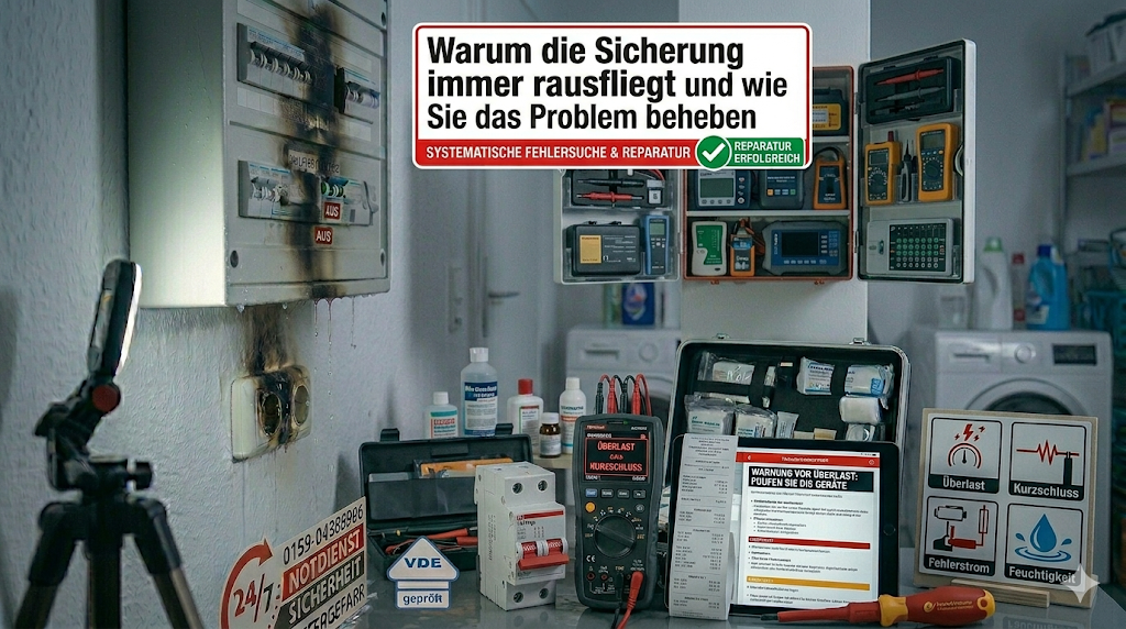 Ein moderner Sicherungskasten neben Elektrowerkzeugen, Prüfgeräten und Hinweisschildern zu Stromgefahren in einer Waschküche, überschrieben mit dem Titel „Warum die Sicherung immer rausfliegt und wie Sie das Problem beheben“.