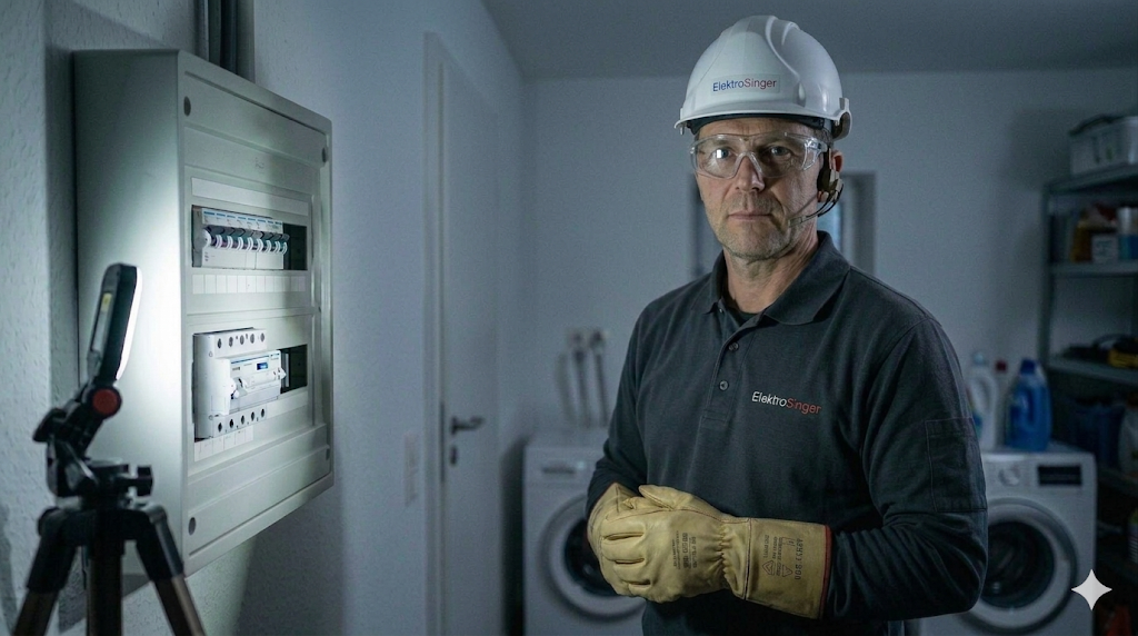 Elektriker mit Schutzbrille neben einem Sicherungskasten.