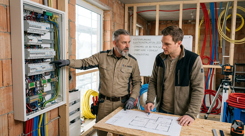 Elektriker und Kunde planen Elektroinstallation im Rohbau.