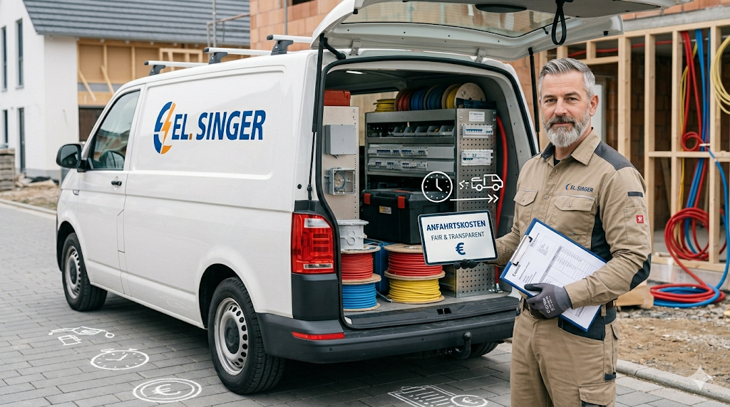 Elektriker steht mit Klemmbrett vor voll beladenem Firmentransporter.