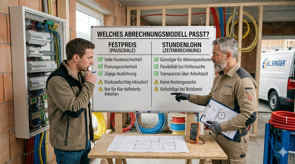 Elektriker erklärt Kunden Abrechnungsmodelle im Rohbau.