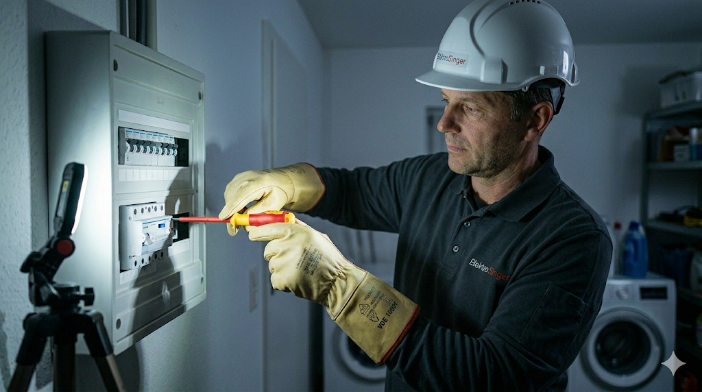 Ein Elektroinstallateur der Firma „Elektro Singer“ arbeitet, beleuchtet von einer Arbeitsleuchte auf einem Stativ, an einem Hausanschlusskasten, im Hintergrund sind Waschmaschine und Trockner zu sehen.