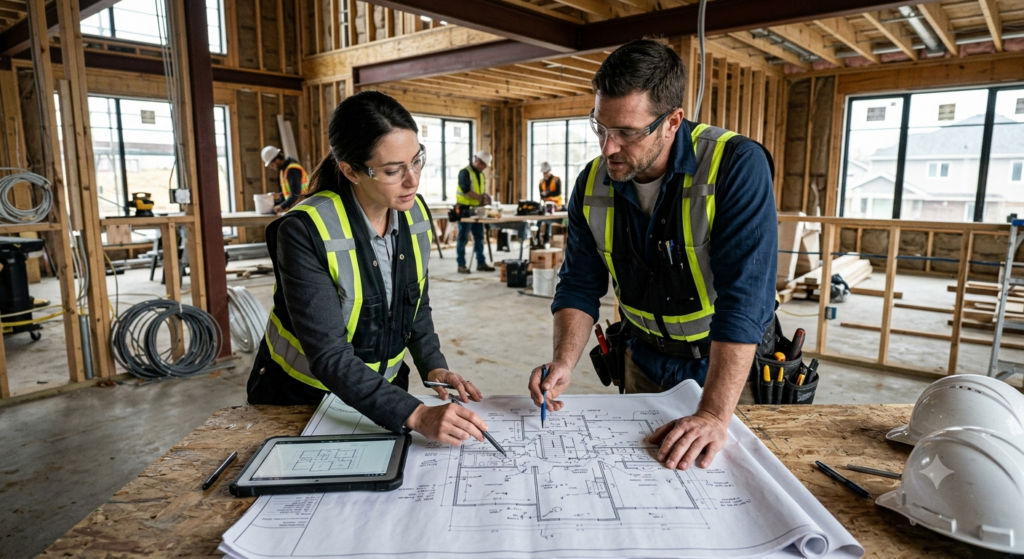 Ein Architekt und ein Elektriker besprechen den Kabelverlauf auf einem Bauplan in einem modernen Rohbau.
