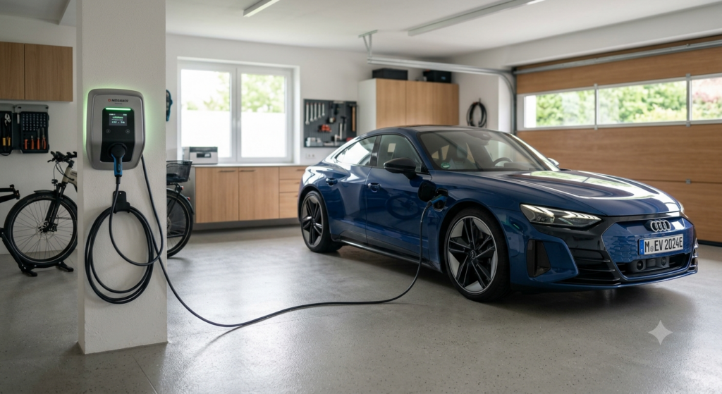 Ein modernes, dunkelblaues Elektroauto (Audi e-tron GT) mit deutschem Kennzeichen wird in einer gut organisierten und hell beleuchteten Garage an einer Wandladestation (Mennekes) aufgeladen.
