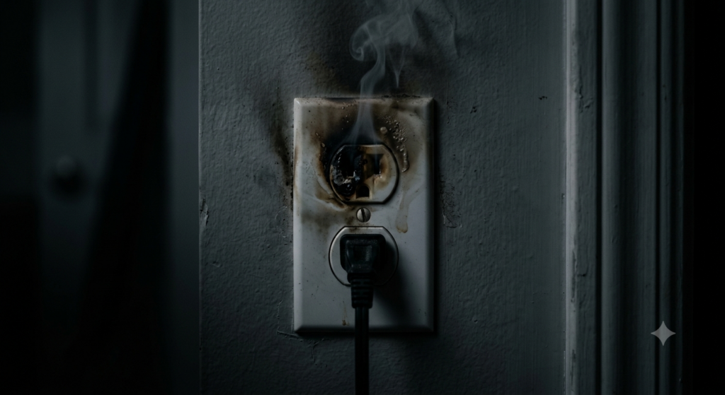 Ein Nahaufnahme-Foto einer brennenden Wandsteckdose, aus der dünner Rauch aufsteigt und deren Kunststoffgehäuse im düsteren Licht leicht geschmolzen ist.