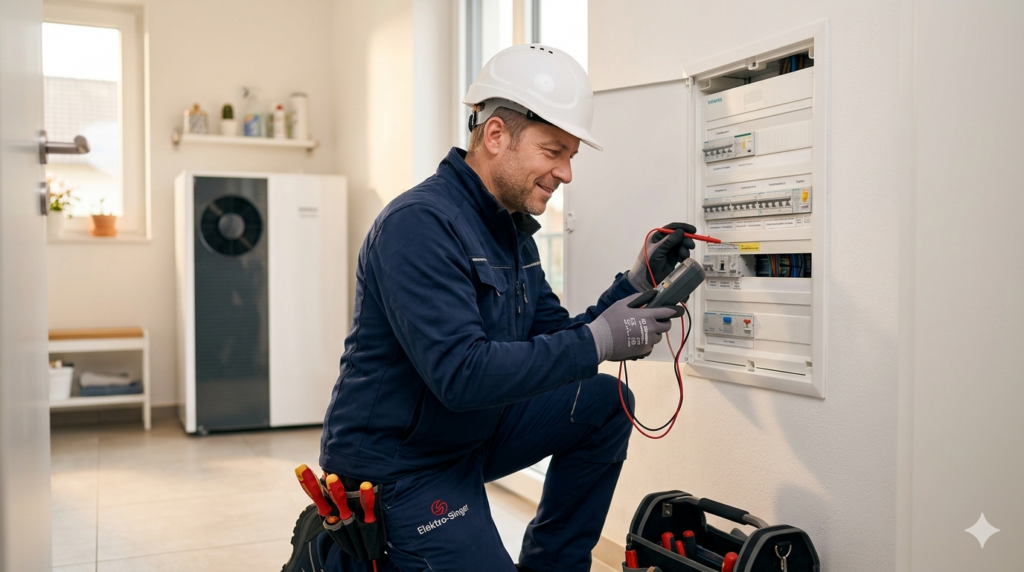 Ein professioneller Elektriker in Uniform überprüft mit einem Messgerät einen modernen Sicherungskasten in einem saarländischen Haushalt.