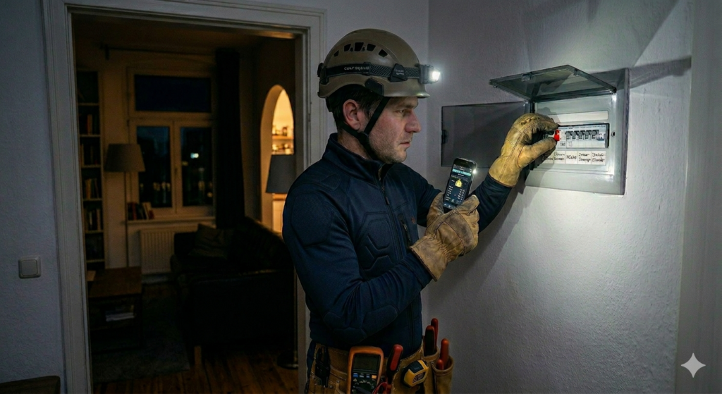 Ein professioneller Elektriker mit Helm, Stirnlampe und Schutzhandschuhen prüft einen offenen Sicherungskasten in einer Wohnung.