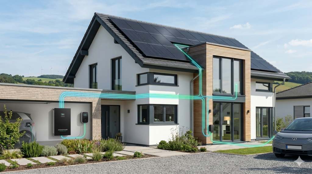 Ein modernes deutsches Haus mit Solaranlage auf dem Dach und einem sichtbaren Stromspeicher in der Garage, verbunden durch leuchtende Energieflusslinien.