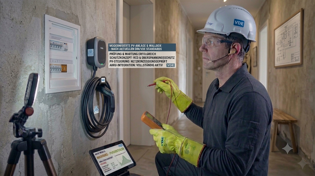 Ein Elektriker mit Schutzausrüstung führt eine Wartung an einer kombinierten PV- und Wallbox-Anlage durch.