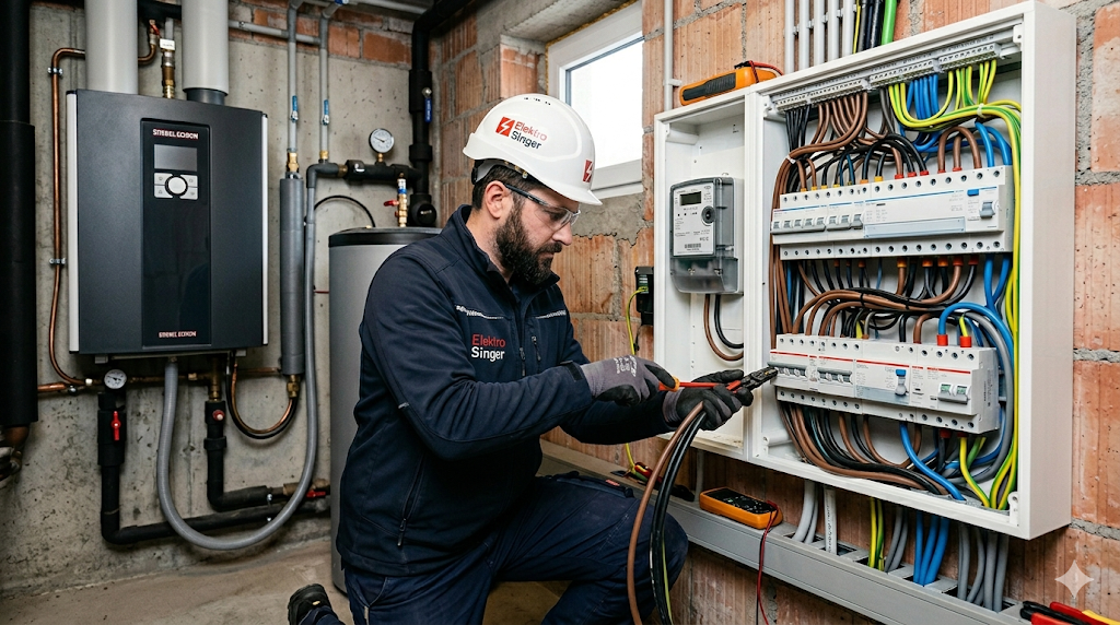 Ein Elektriker von Elektro Singer installiert einen Stiebel Eltron Heizkessel.
