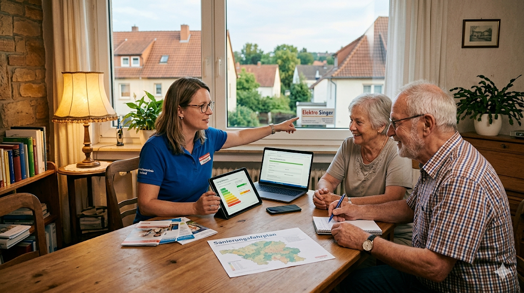 Eine Energieberaterin erklärt einem älteren Ehepaar am Küchentisch einen Sanierungsfahrplan für ihr Haus.