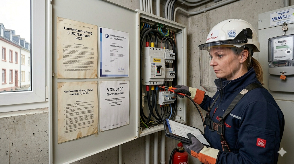 Eine Elektrikerin von Elektro Singer mit kompletter Schutzausrüstung prüft einen Schaltschrank gemäß den gesetzlichen Vorschriften im Saarland.
