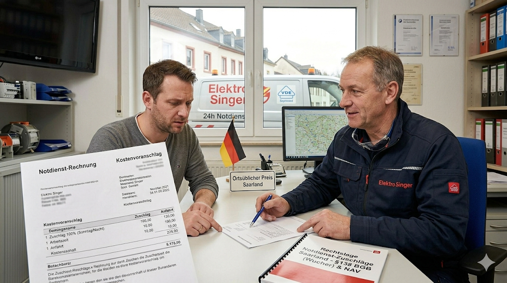 Ein Elektriker von Elektro Singer bespricht im Büro transparent eine Notdienst-Rechnung und die rechtlichen Zuschläge mit einem Kunden.