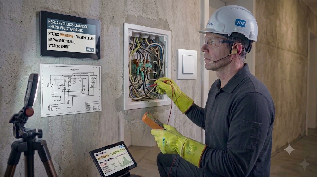 Ein Elektriker mit Schutzhelm und Isolierhandschuhen prüft mit einem Multimeter die Verkabelung eines Unterputz-Lichtschalters an einer Betonwand.