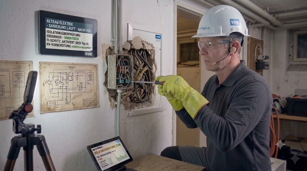 Ein Elektriker mit konzentriertem Blick, Schutzhelm und Isolierhandschuhen erneuert mit einem Schraubendreher die veraltete Verkabelung in einem geöffneten Wandverteiler eines Altbaus.