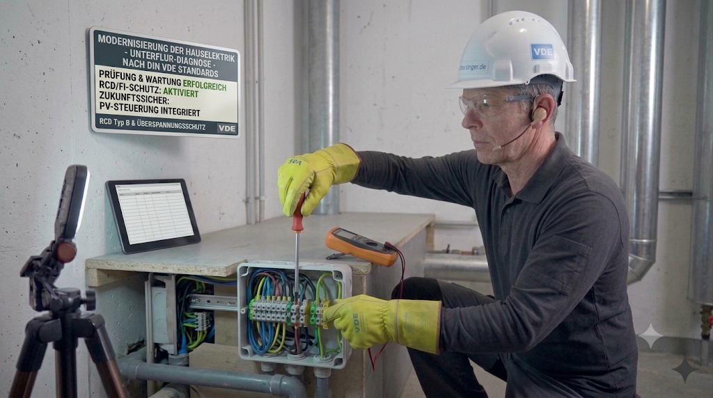 Ein Elektriker mit Schutzhelm, Schutzbrille und Isolierhandschuhen verdrahtet konzentriert eine Verteilerdose bei der Modernisierung einer Hauselektrik im Keller.