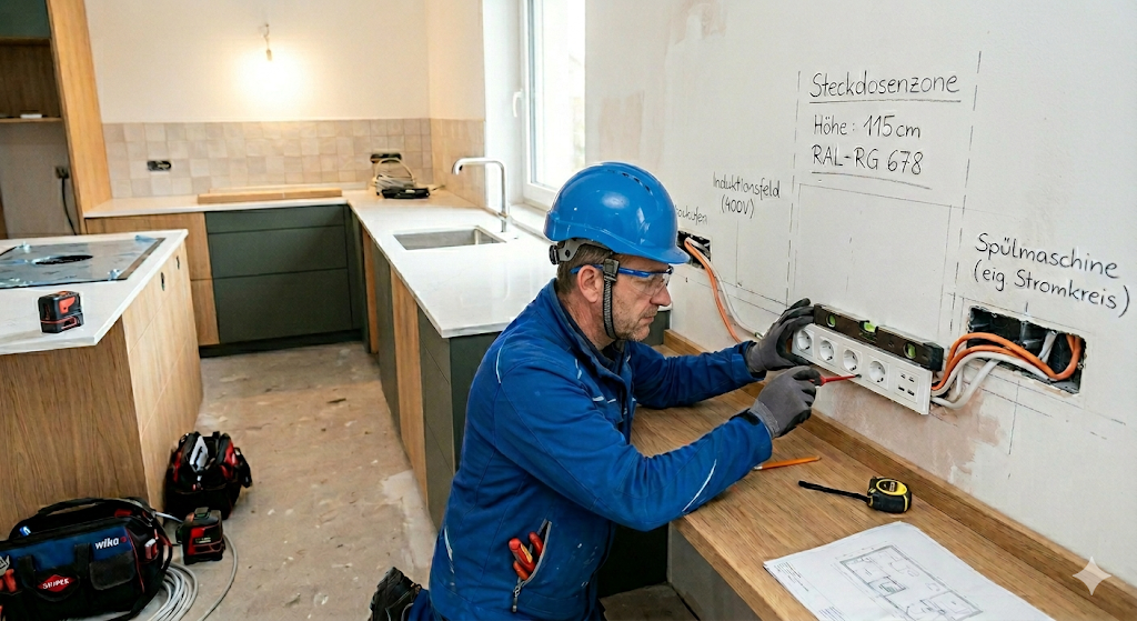 Ein Elektriker mit blauem Helm und Schutzbrille installiert eine Steckdosenleiste in einer neuen Küche.
