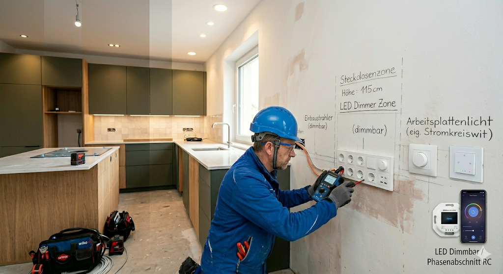 Ein Elektriker mit blauem Schutzhelm installiert Dimmer und Steckdosen in einer Küche, während an der Wand technische Details zu LED-Dimmerzonen und Phasenabschnittsteuerungen skizziert sind.