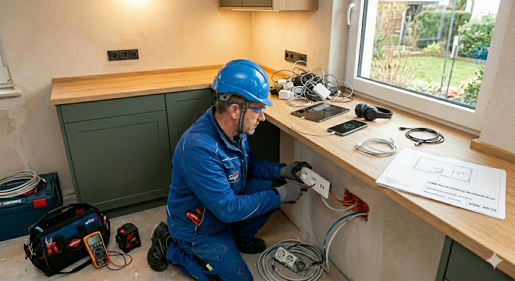 Ein Elektriker mit blauem Schutzhelm und Schutzbrille rüstet in einer Küche eine moderne Schuko-Steckdose mit integrierten USB-Anschlüssen nach.