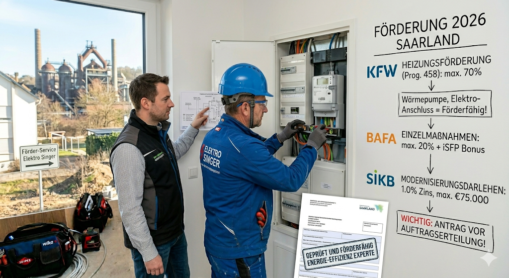 Ein Energieberater und ein Elektriker prüfen einen Zählerschrank im Saarland, während an der Wand ein Diagramm zu den Förderwegen von KfW, BAFA und SIKB für das Jahr 2026 dargestellt ist.