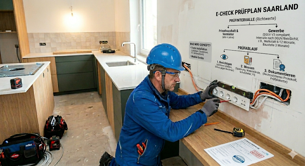 Ein Elektriker führt in einer Küche einen E-Check an einer Steckdosenleiste durch, während an der Wand ein Infografik-Prüfplan für das Saarland mit Intervallen und dem Ablauf dargestellt ist.