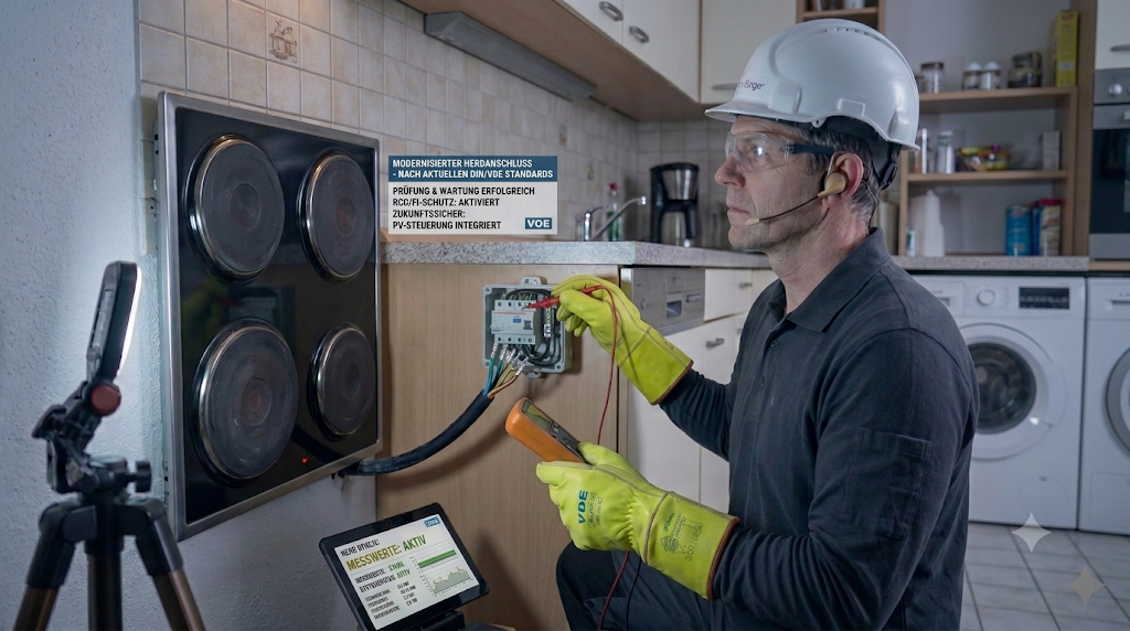 Ein Elektriker mit Schutzhelm, Schutzbrille und Isolierhandschuhen überprüft die korrekte Funktion eines modernisierten Herdanschlusses in einer Küche unter Einhaltung von VDE-Normen.
