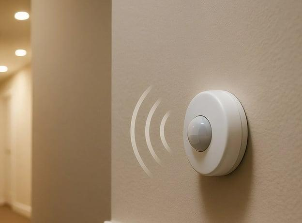 Ein moderner Bewegungsmelder ist an einer Innenwand im Flur montiert und erkennt Bewegungen.
Sanfte Lichtreflexe im Hintergrund deuten auf automatische Beleuchtung durch den Sensor hin.