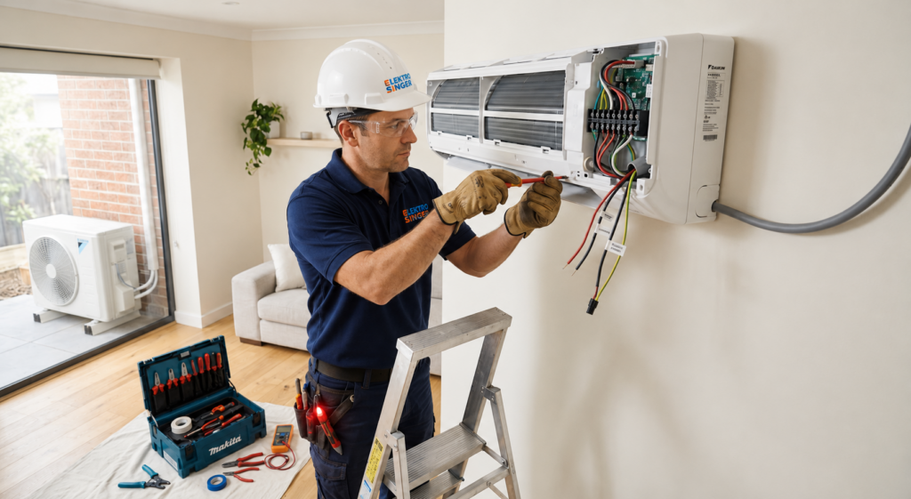 Techniker mit Schutzhelm installiert und verkabelt eine Split-Klimaanlage in einem modernen Wohnraum.