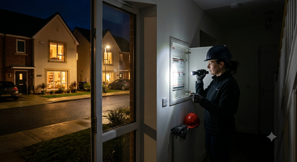 Ein Techniker mit Helm und Handschuhen leuchtet nachts mit einer Taschenlampe in einen Sicherungskasten in einem Haus.