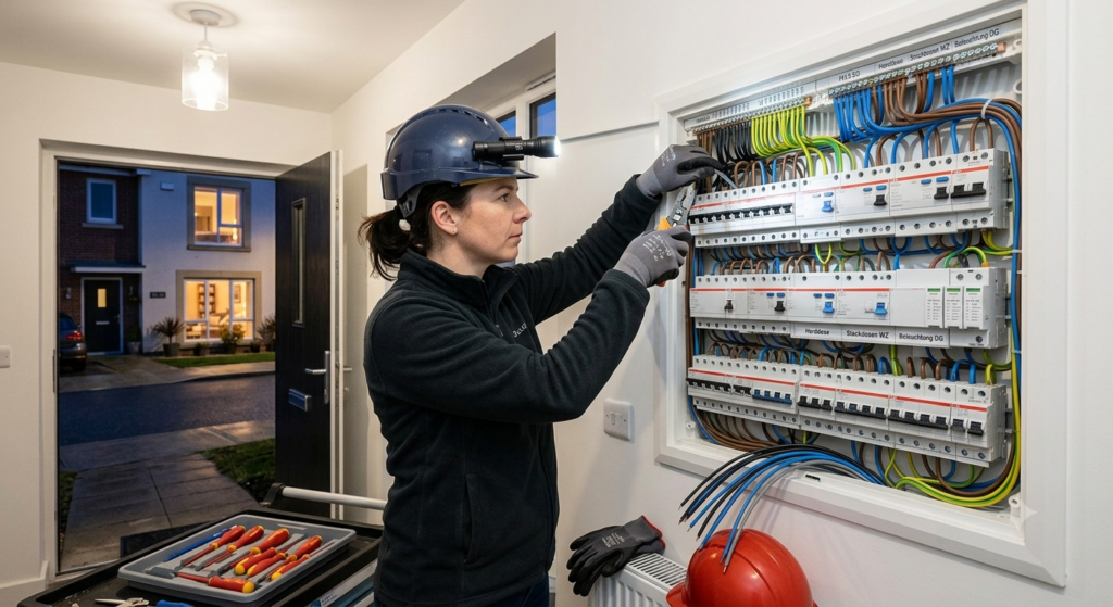 Elektrikerin arbeitet an einem modernen Sicherungskasten mit ordentlich verlegten Kabeln in einem Wohnhaus.