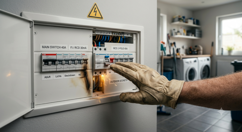 Hand mit Schutzhandschuh betätigt einen ausgelösten FI-Schalter im Sicherungskasten, während Funken auf einen elektrischen Fehler hinweisen.