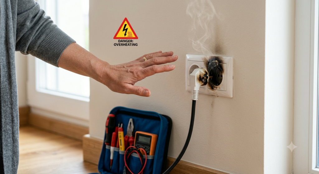 Ein Bild von einem überhitzten, rauchenden europäischen Wandstecker und einer vorsichtig stoppenden Hand neben einer Elektriker-Werkzeugtasche in watermarked_img_7308816797094647034.png.