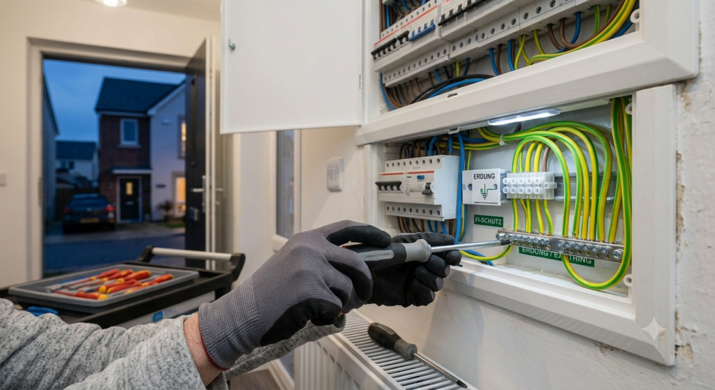 Elektriker installiert Erdung im Sicherungskasten eines Altbaus mit grün-gelben Leitungen.