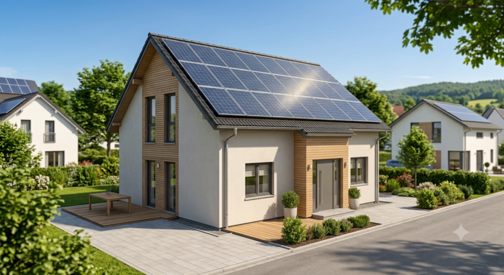 Ein modernes, nachhaltiges Einfamilienhaus in Deutschland mit einer großen Photovoltaik-Anlage auf dem Dach unter klarem, sonnigem Himmel.