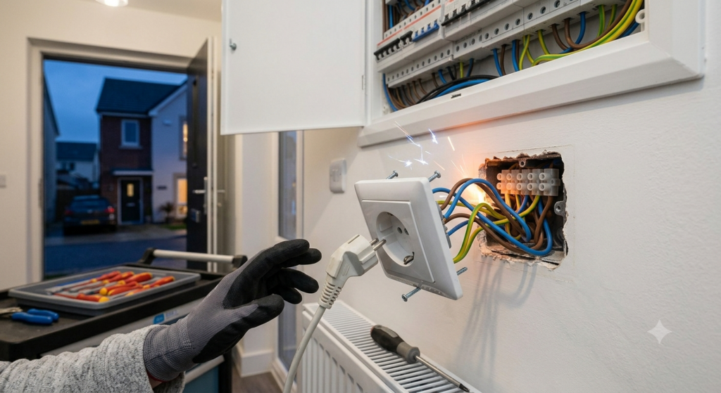 Lockere Steckdose mit herausgezogenen Kabeln und Funkenbildung als gefährliches elektrisches Problem im Haushalt.