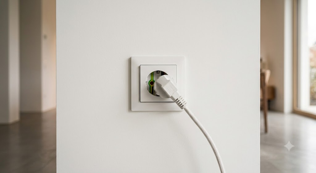 Eine weiße Wandsteckdose mit eingestecktem Stecker und Kabel.
Die Szene zeigt ein modernes, helles Innenraumdesign im Hintergrund.
