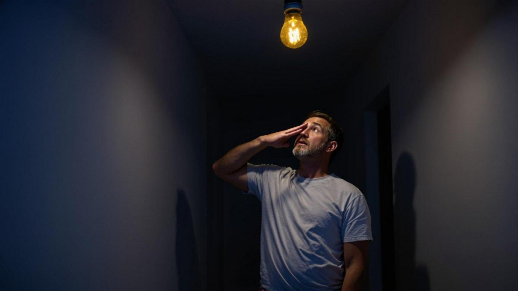 Mann steht in einem dunklen Flur und schaut auf eine schwach leuchtende Glühbirne an der Decke.
Typisches Problem, wenn eine Lampe nicht richtig funktioniert oder das Licht ausfällt.