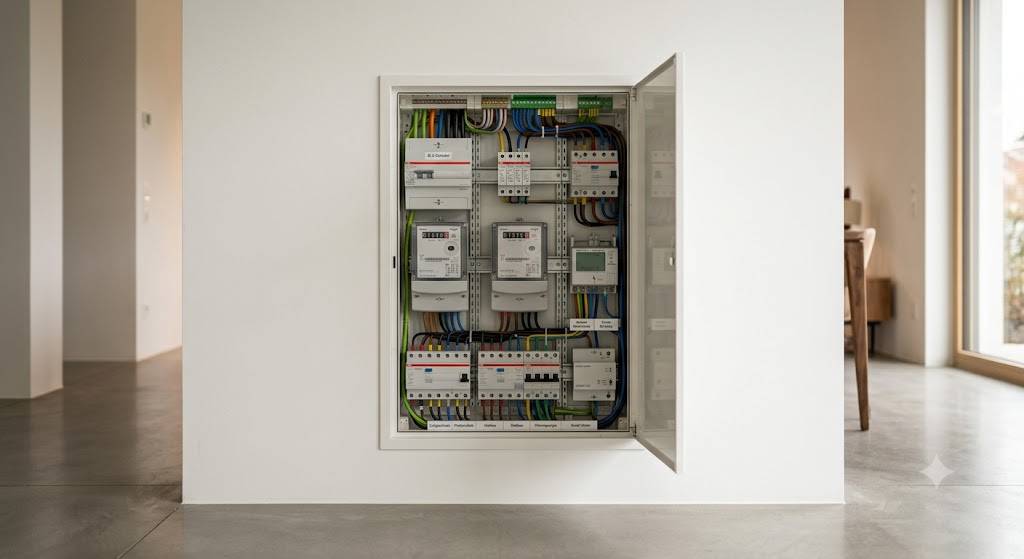 Moderner Zählerschrank in einem Wohnhaus mit übersichtlich angeordneten Sicherungen und Stromzählern.
Saubere und professionelle Elektroinstallation in einer weißen Wand integriert.