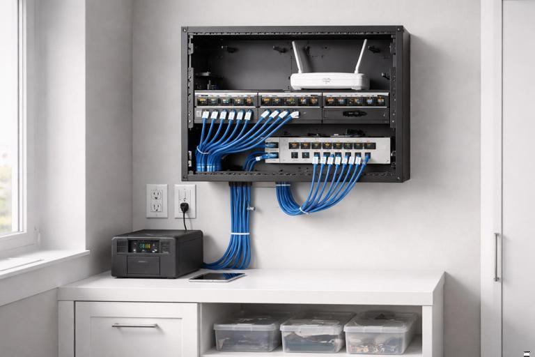 Strukturierte Netzwerkverkabelung mit Patchpanel, Router und sauber verlegten LAN-Kabeln in einem modernen Wohnraum.
Übersichtliche Installation für ein stabiles und leistungsfähiges Heimnetzwerk im Haus.