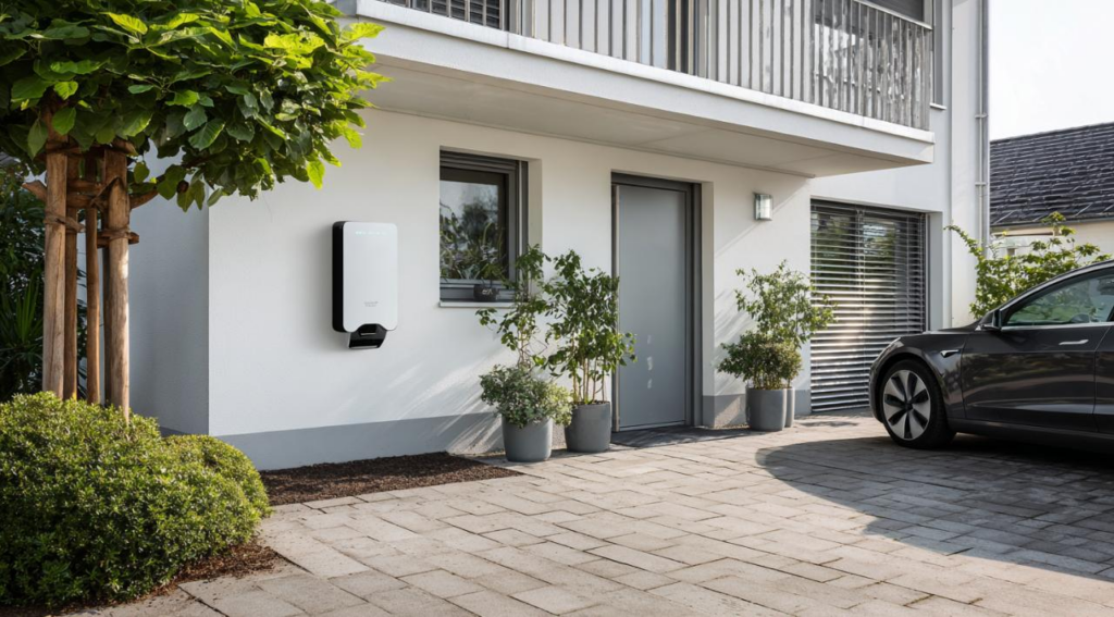 Wallbox an der Außenwand eines modernen Wohnhauses lädt ein Elektroauto auf dem privaten Stellplatz.
Nachhaltige Ladelösung für E-Mobilität in einer gepflegten, zeitgemäßen Wohnumgebung.