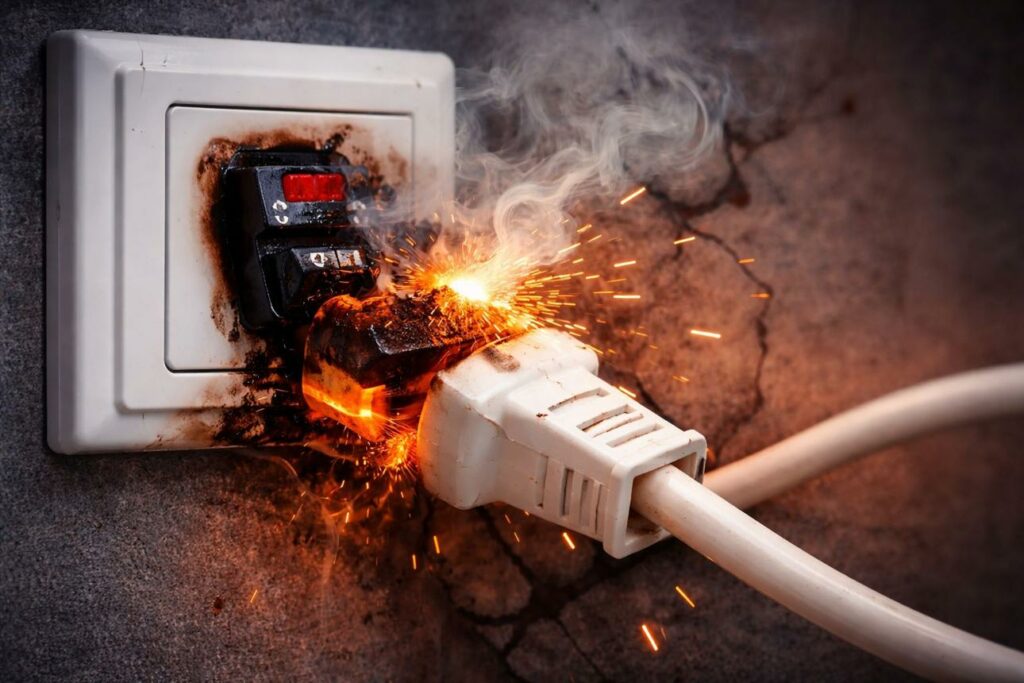 Leichter Rauch tritt aus einer Steckdose in einer Wohnung aus – Hinweis auf möglichen Elektroschaden.
Typische Warnzeichen wie verbrannter Geruch und überhitzte Kabel sollten sofort überprüft werden.